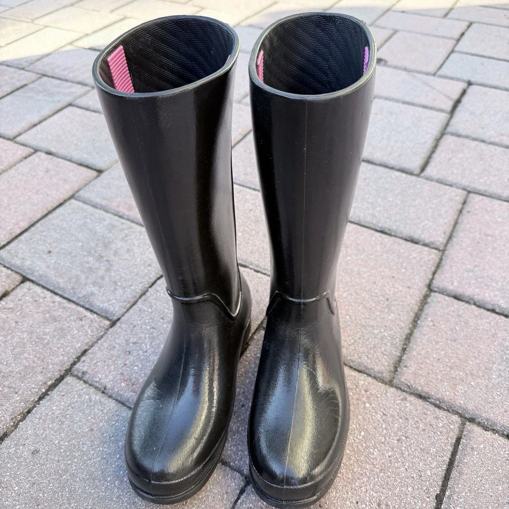 Crocs Girls Wellie Patent Rain Boots J2 Black Pink Waterproof 12470 Kids